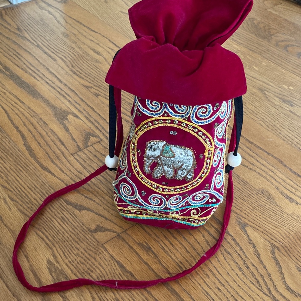 Authentic Burmese Kalaga Embroidered Red Velvet Drawstring Bag